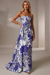 Jacquard Mermaid Strapless Pleated Formal Gown Mother of the Bride Wedding Guest Evening Party Dress