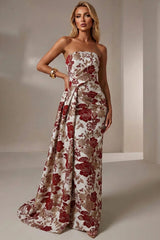 Jacquard Mermaid Strapless Pleated Formal Gown Mother of the Bride Wedding Guest Evening Party Dress