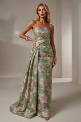 Jacquard Mermaid Strapless Pleated Formal Gown Mother of the Bride Wedding Guest Evening Party Dress