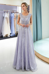 Jewel A-Line Lace Lavender Prom Dress with Appliques / Beading