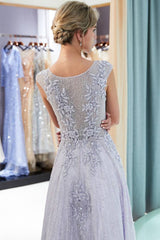 Jewel A-Line Lace Lavender Prom Dress with Appliques / Beading