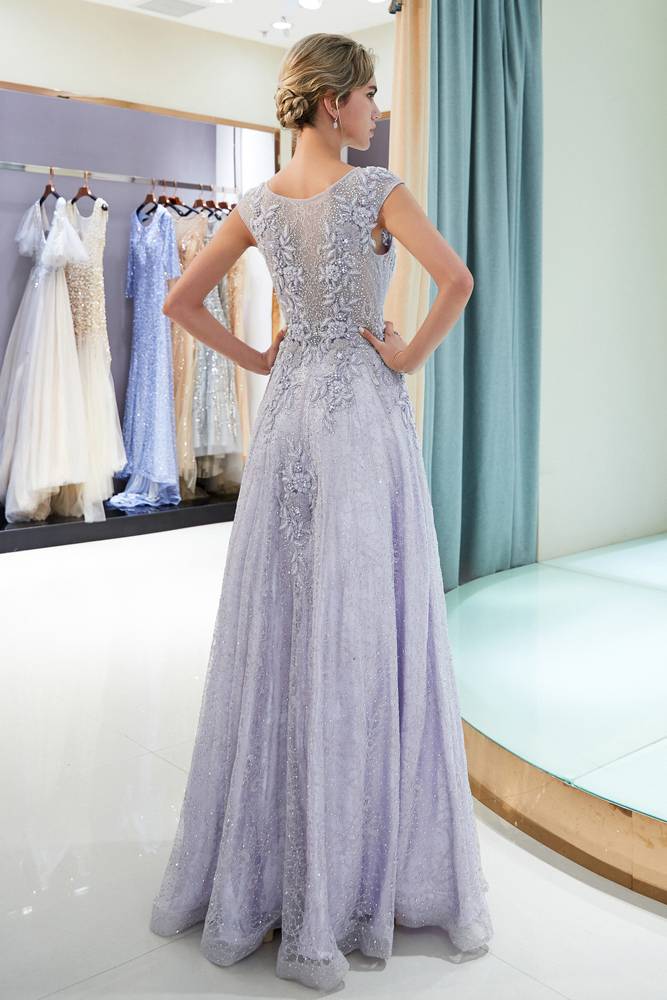 Jewel A-Line Lace Lavender Prom Dress with Appliques / Beading
