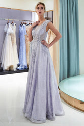 Jewel A-Line Lace Lavender Prom Dress with Appliques / Beading