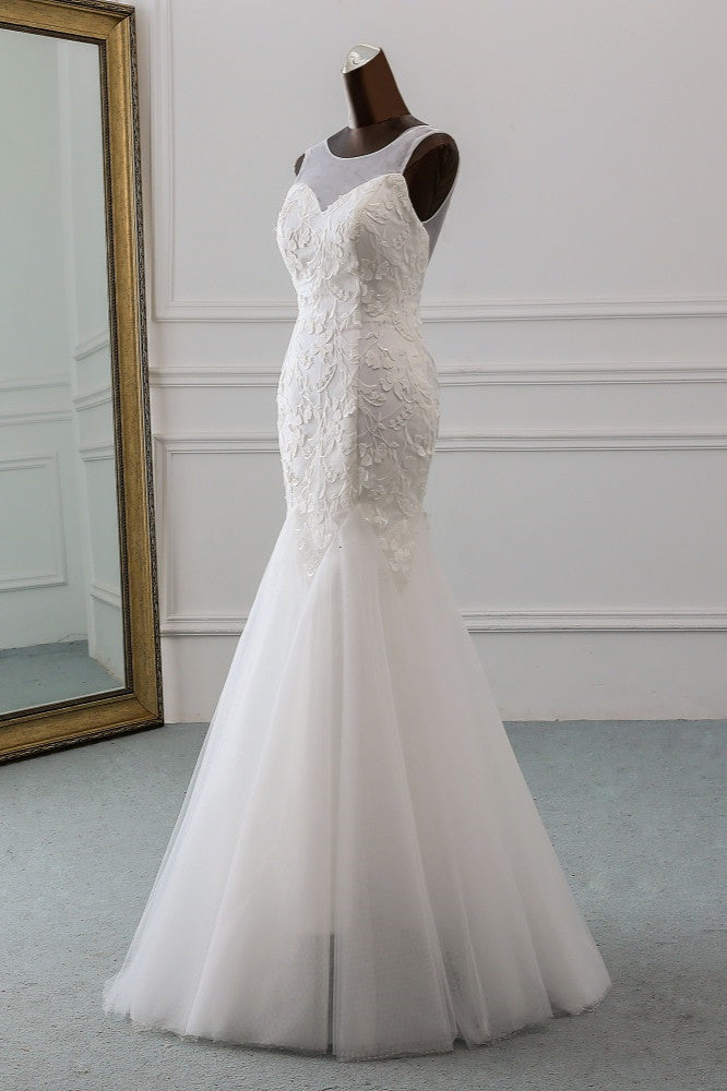 Jewel Neck Backless Long Mermaid Wedding Dress with Tulle Lace