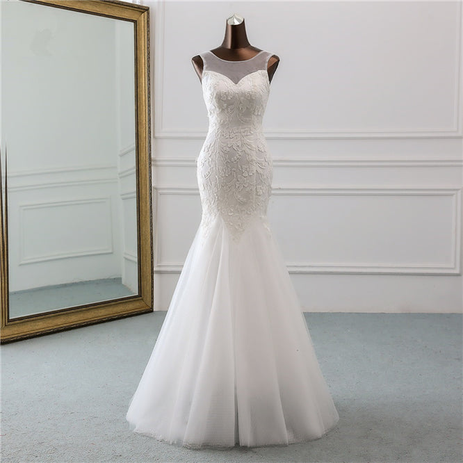 Jewel Neck Backless Long Mermaid Wedding Dress with Tulle Lace