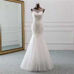 Jewel Neck Backless Long Mermaid Wedding Dress with Tulle Lace