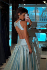 Jewel Neck Backless A-Line Long Prom Dress with Pleated