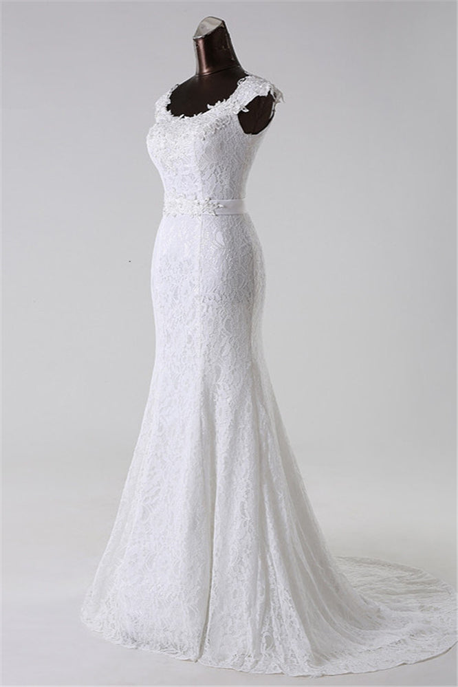 Jewel Neck Long Mermaid Lace Wedding Dress with Appliques