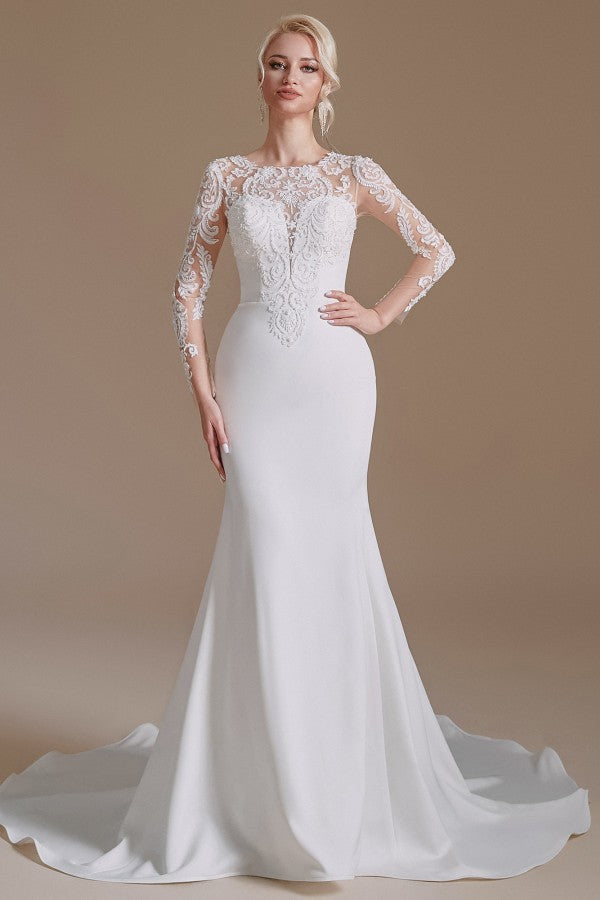 Jewel Neck Satin Lace Long Sleeve Mermaid Wedding Dress