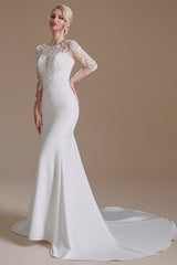 Jewel Neck Satin Lace Long Sleeve Mermaid Wedding Dress
