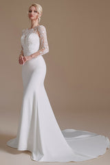 Jewel Neck Satin Lace Long Sleeve Mermaid Wedding Dress