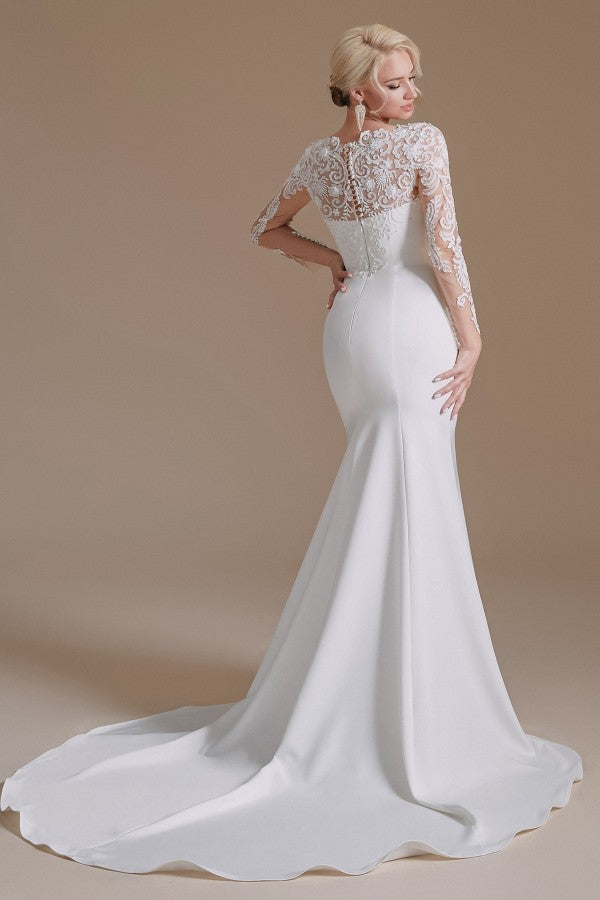 Jewel Neck Satin Lace Long Sleeve Mermaid Wedding Dress