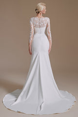 Jewel Neck Satin Lace Long Sleeve Mermaid Wedding Dress