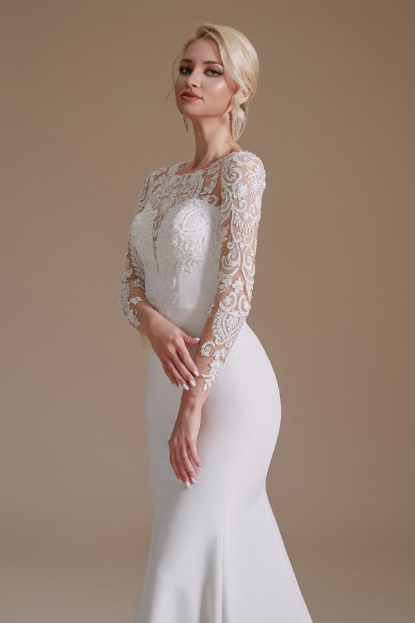 Jewel Neck Satin Lace Long Sleeve Mermaid Wedding Dress
