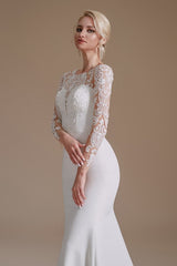 Jewel Neck Satin Lace Long Sleeve Mermaid Wedding Dress
