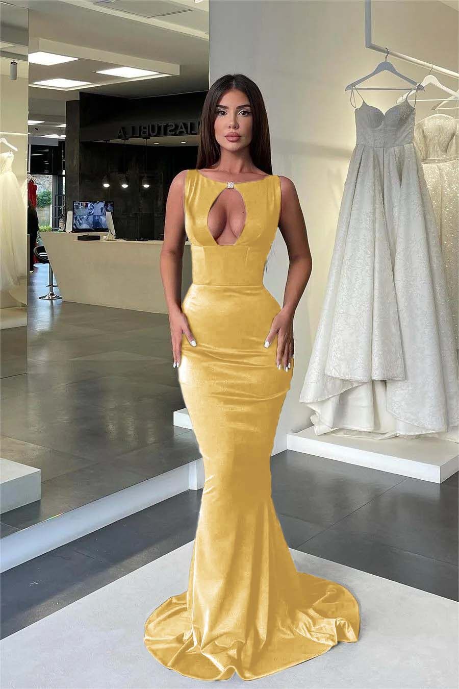 Jewel Neck Mermaid High Waist Prom Dress with Pleated