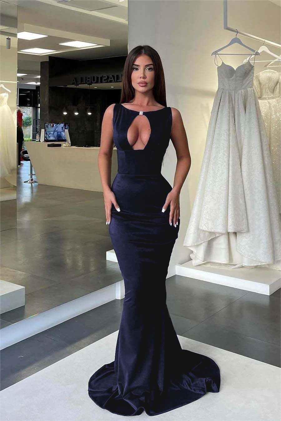Jewel Neck Mermaid High Waist Prom Dress with Pleated