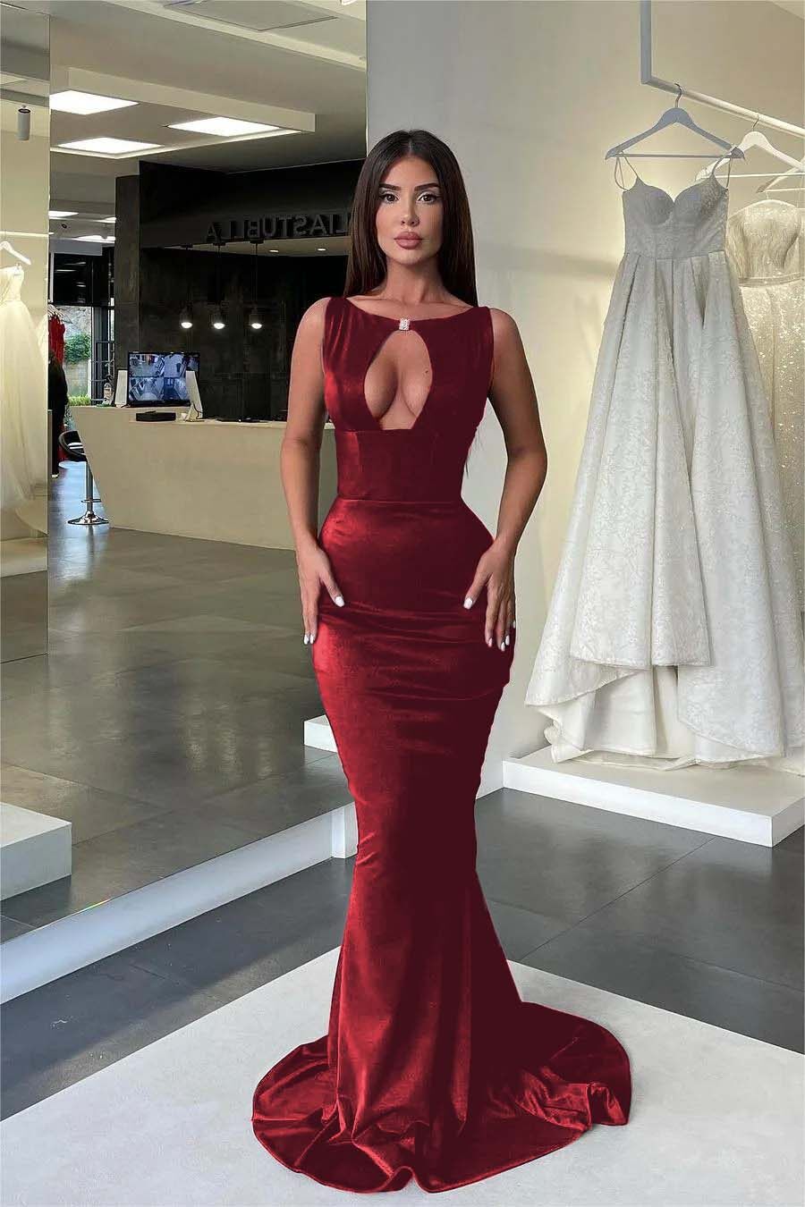 Jewel Neck Mermaid High Waist Prom Dress with Pleated