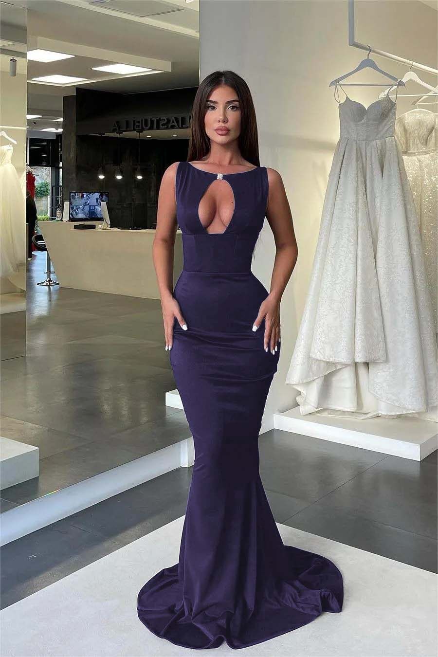 Jewel Neck Mermaid High Waist Prom Dress with Pleated
