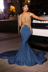 Jewel Neck Mermaid Long Prom Dress with Appliques
