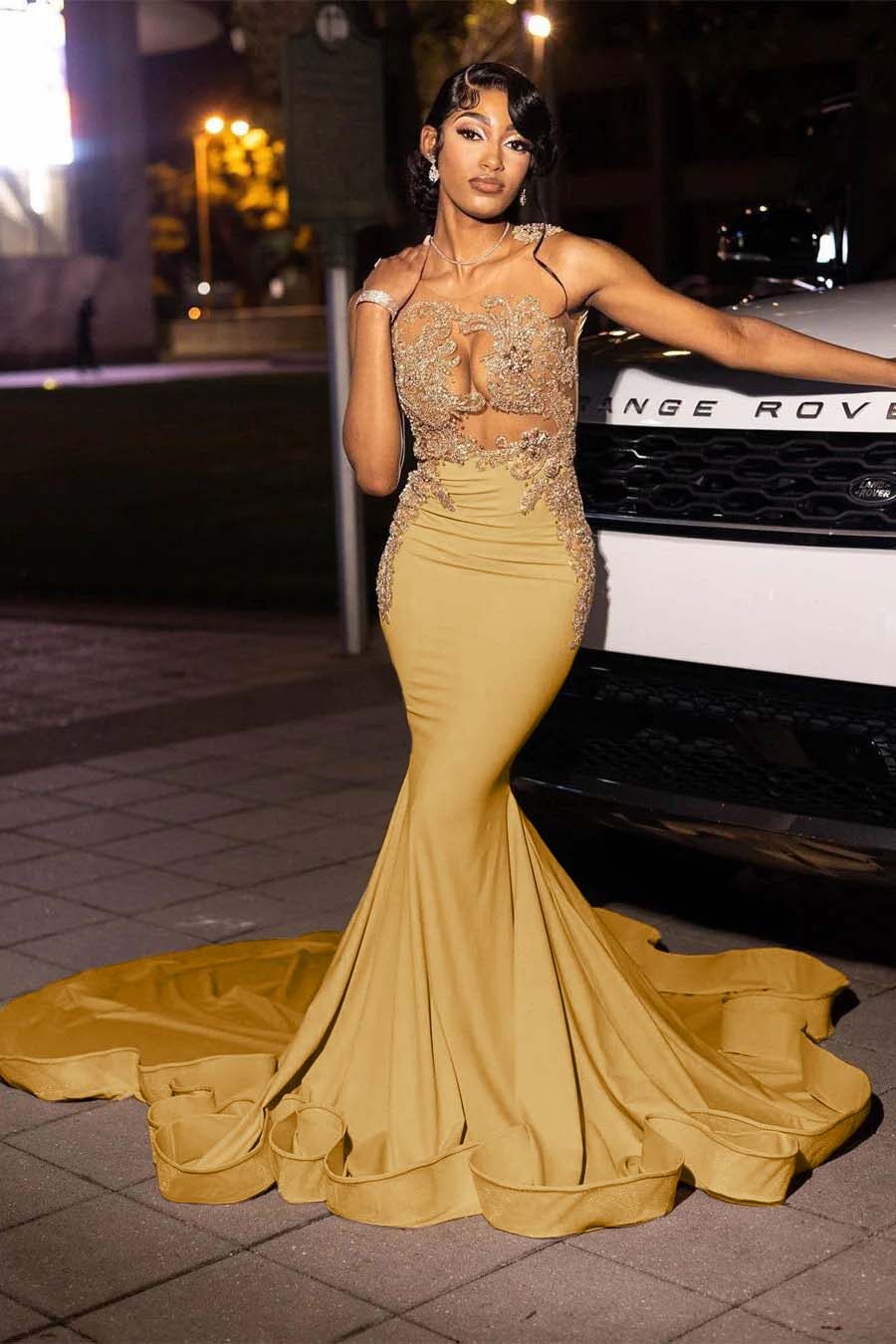 Jewel Neck Mermaid Long Prom Dress with Appliques