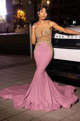 Jewel Neck Mermaid Long Prom Dress with Appliques