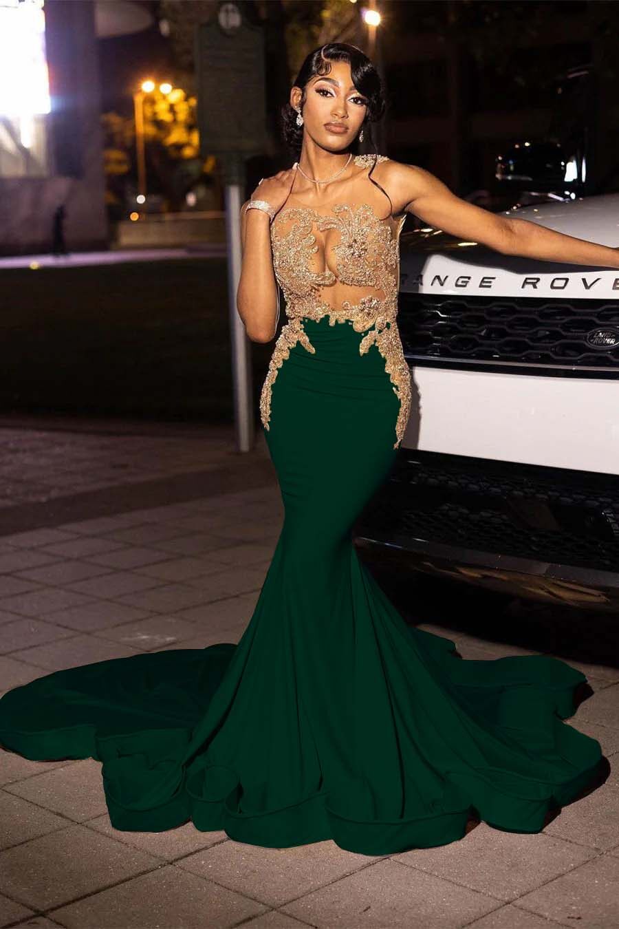 Jewel Neck Mermaid Long Prom Dress with Appliques