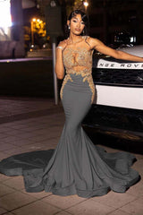 Jewel Neck Mermaid Long Prom Dress with Appliques