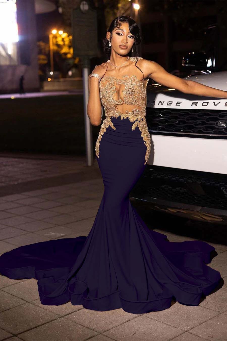 Jewel Neck Mermaid Long Prom Dress with Appliques