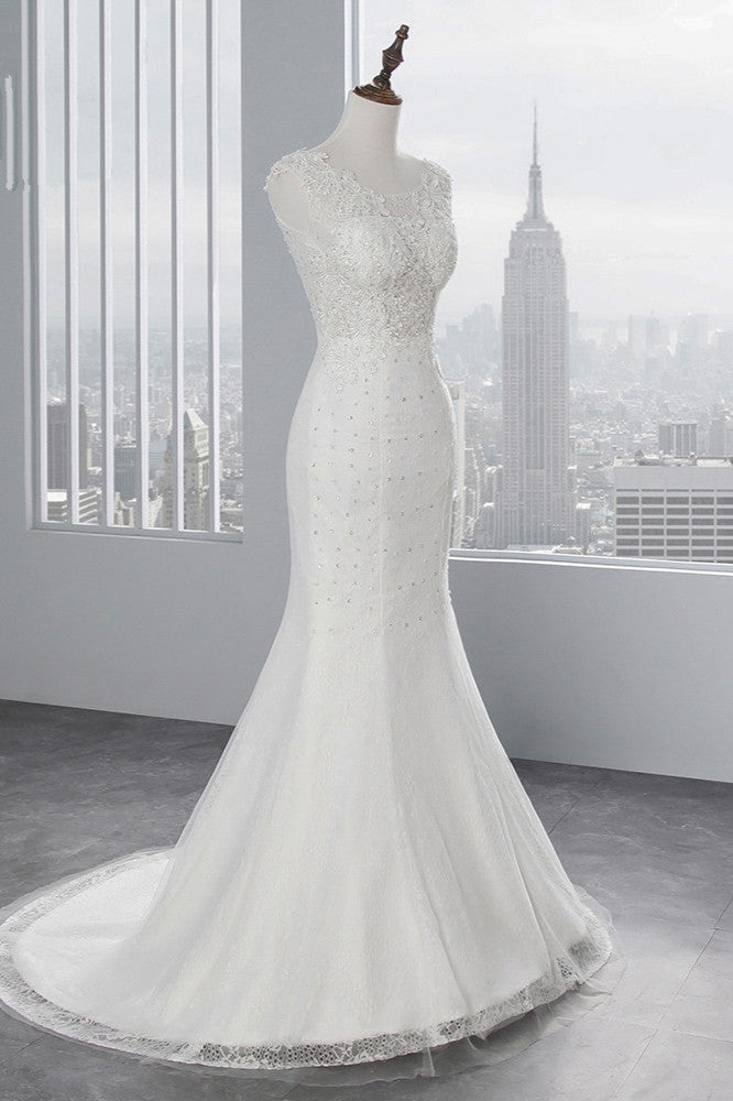 Jewel Neck Sleeveless Long Mermaid Wedding Dress with Tulle Lace Appliques