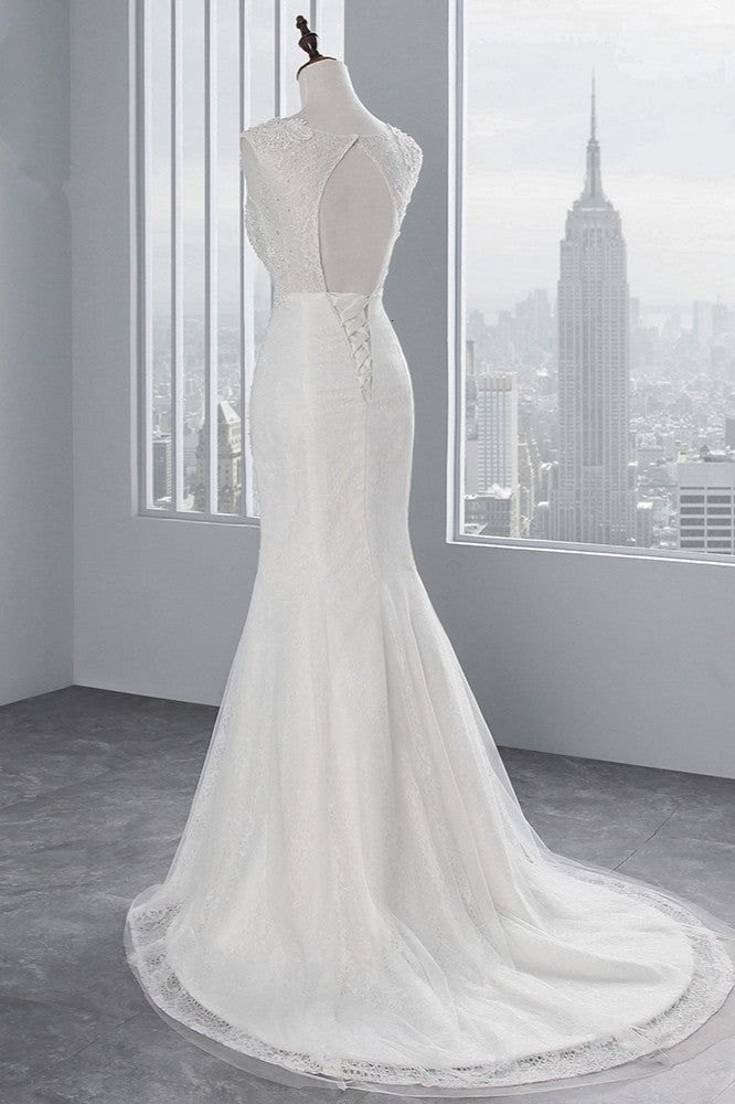 Jewel Neck Sleeveless Long Mermaid Wedding Dress with Tulle Lace Appliques