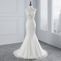 Jewel Neck Sleeveless Long Mermaid Wedding Dress with Tulle Lace Appliques