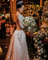 Jewel Off-the-Shoulder Long Sleeve Mermaid Wedding Dress with Lace Appliques