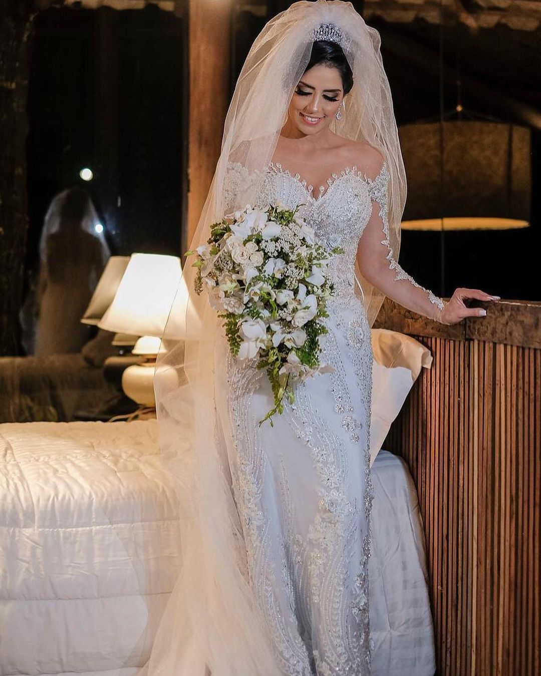 Jewel Off-the-Shoulder Long Sleeve Mermaid Wedding Dress with Lace Appliques