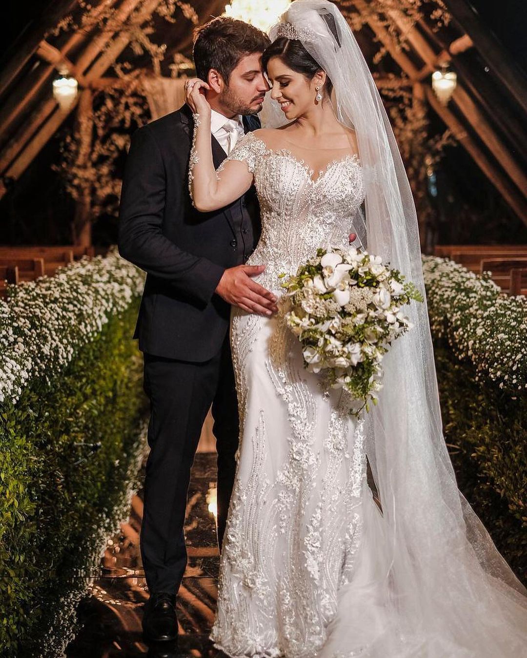 Jewel Off-the-Shoulder Long Sleeve Mermaid Wedding Dress with Lace Appliques