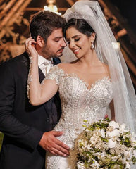 Jewel Off-the-Shoulder Long Sleeve Mermaid Wedding Dress with Lace Appliques