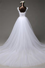 Jewel Sleeveless Lace Long Wedding Dress With Tulle Overskirt