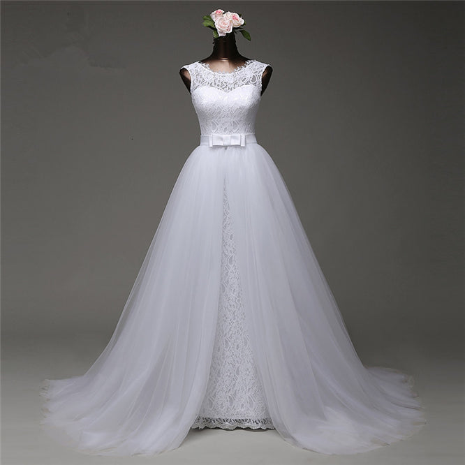 Jewel Sleeveless Lace Long Wedding Dress With Tulle Overskirt
