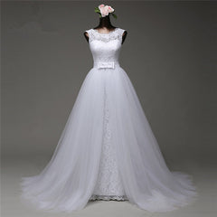 Jewel Sleeveless Lace Long Wedding Dress With Tulle Overskirt