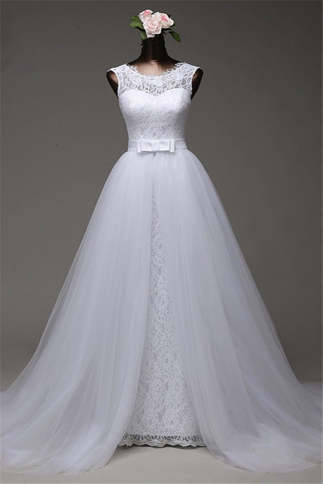 Jewel Sleeveless Lace Long Wedding Dress With Tulle Overskirt