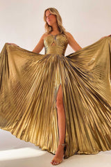 Key Hole Metallic Pleated Long Prom Dress with Slit