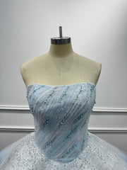 Cute Blue Strapless Ball Gown Homecoming Dress with Beaded