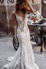 Sheer Strap Chapel Train Lace Mermaid Wedding Dress with Beading
