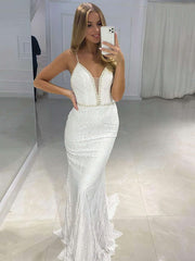 Lace Sheath/Column V-neck Wedding Dress with Beading and Sweep Train
