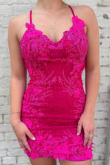 Lace-Up Hot Pink Appliques Bodycon Homecoming Dress