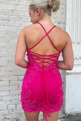 Lace-Up Hot Pink Appliques Bodycon Homecoming Dress