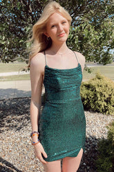 Lace-Up Hunter Green Sequin Bodycon Homecoming Dress