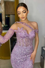 Lavender Gorgeous Long Sleeve Sequined Mermaid Prom Dress