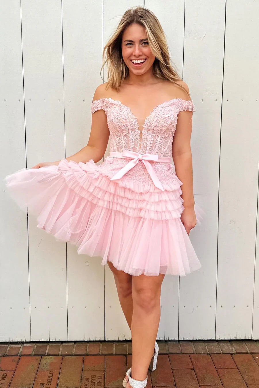 Lavender Off-the-Shoulder Ruffle Homecoming Dress with Bow
