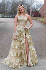 Lavender One Shoulder A-Line Layered Long Prom Dress with Sequin